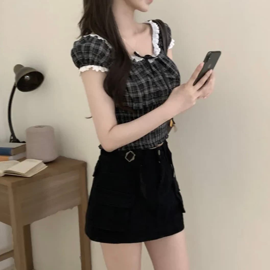 있음 창고 한국 chic 패션 레이스 패치워크 나비 넥타이 격자 무늬 셔츠 상세 이미지 19
