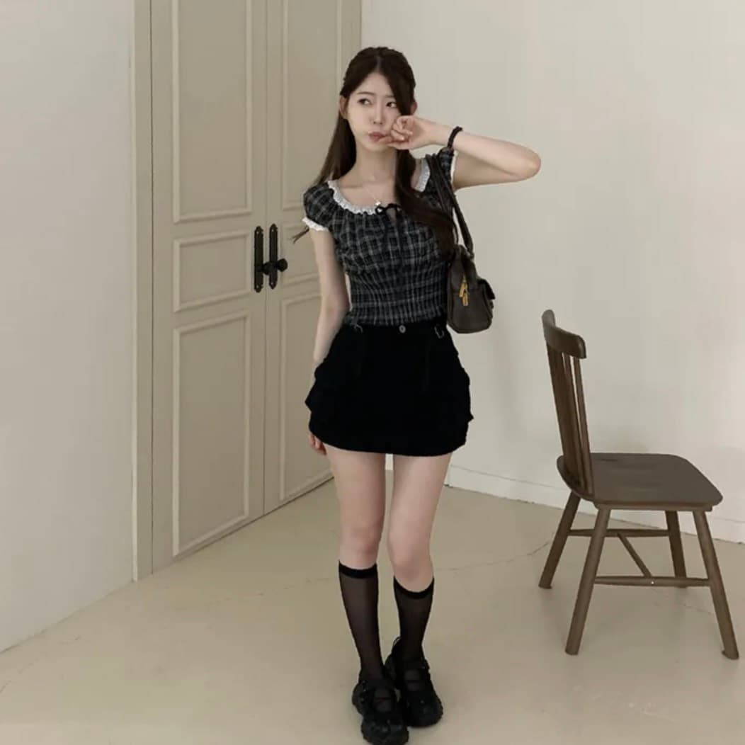 있음 창고 한국 chic 패션 레이스 패치워크 나비 넥타이 격자 무늬 셔츠 상세 이미지 20