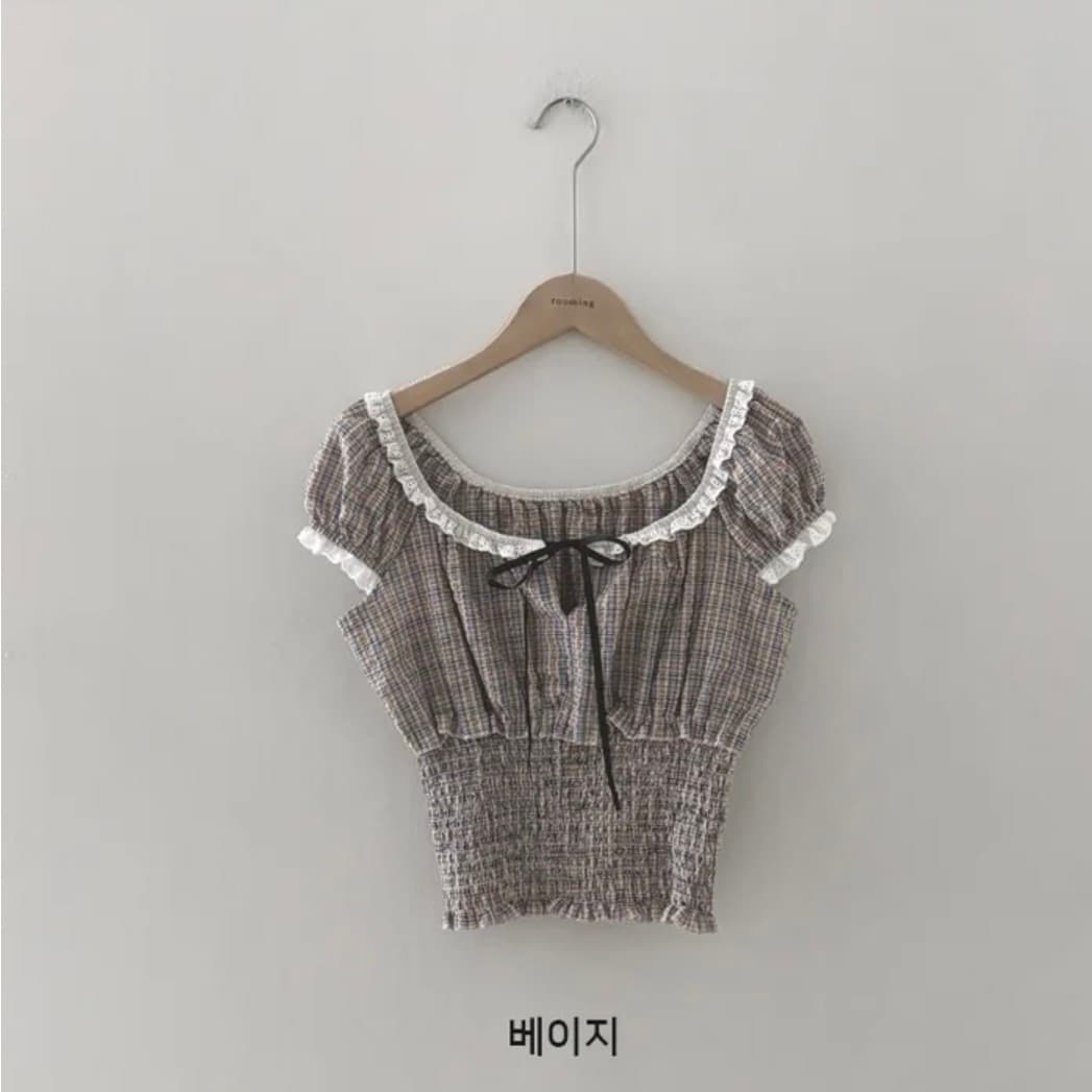 있음 창고 한국 chic 패션 레이스 패치워크 나비 넥타이 격자 무늬 셔츠 상세 이미지 23