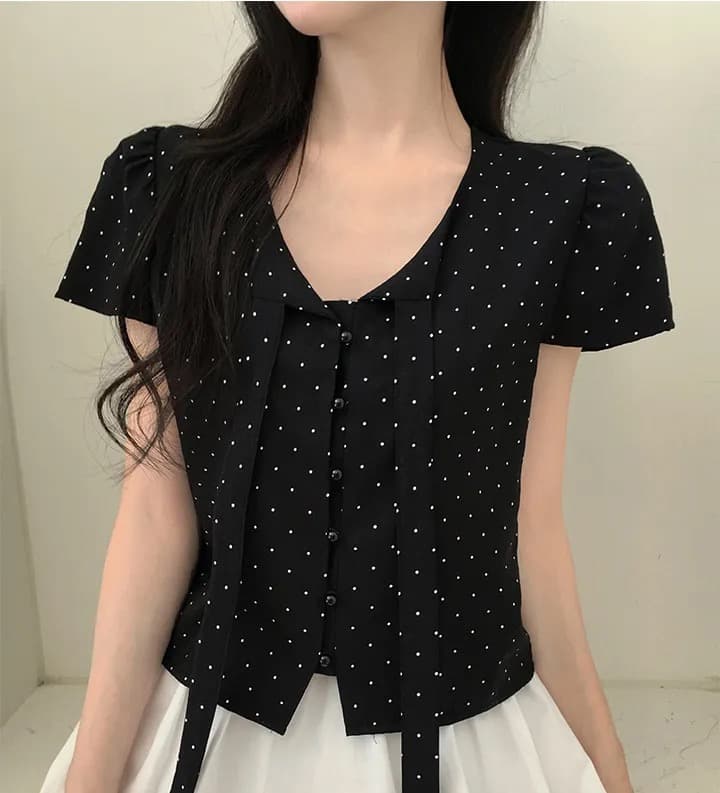 있음 선적 chic 여름 새로운 달콤함 디자인 센스 도트 무늬 리본 셔츠 이미지 2
