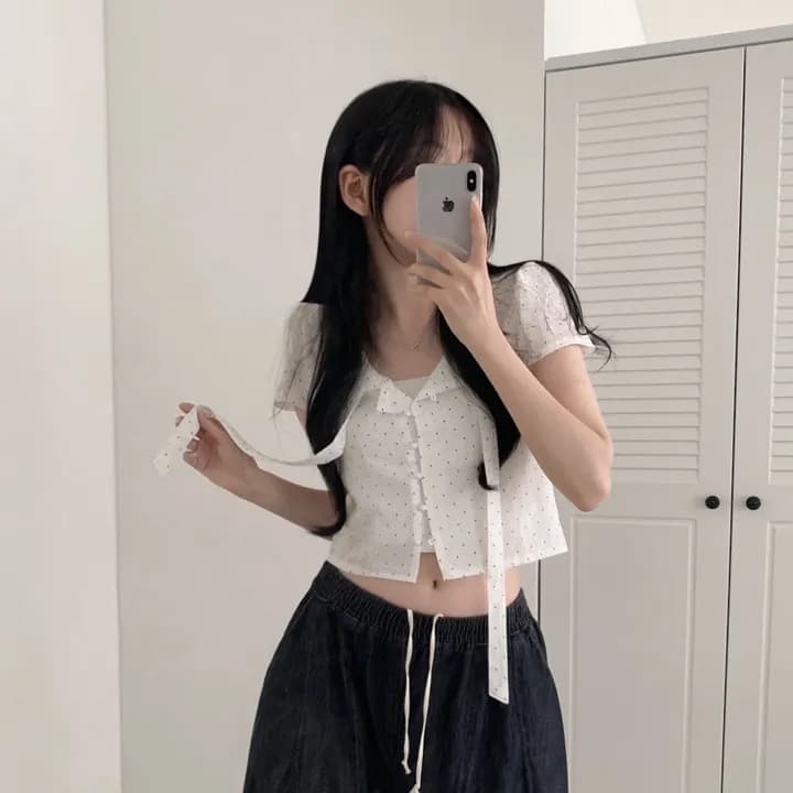 있음 선적 chic 여름 새로운 달콤함 디자인 센스 도트 무늬 리본 셔츠 상세 이미지 1