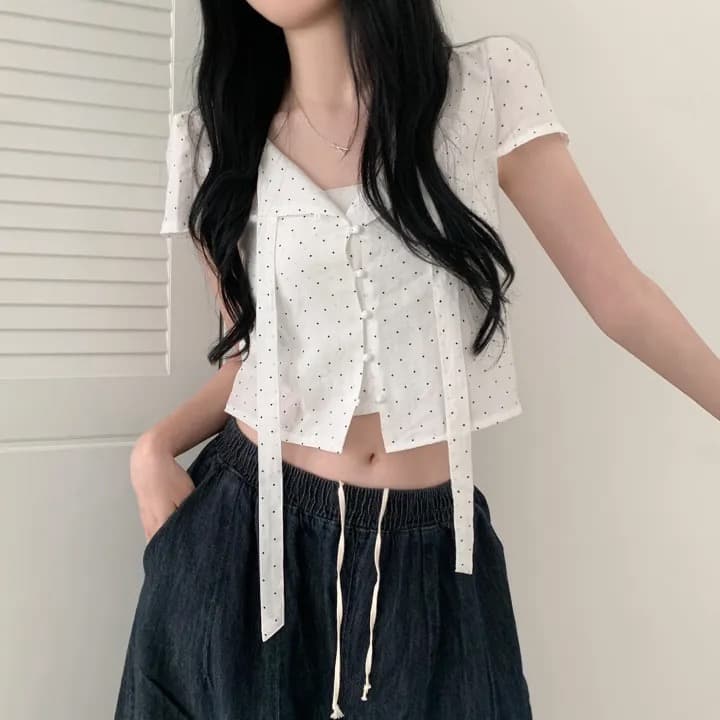 있음 선적 chic 여름 새로운 달콤함 디자인 센스 도트 무늬 리본 셔츠 상세 이미지 4