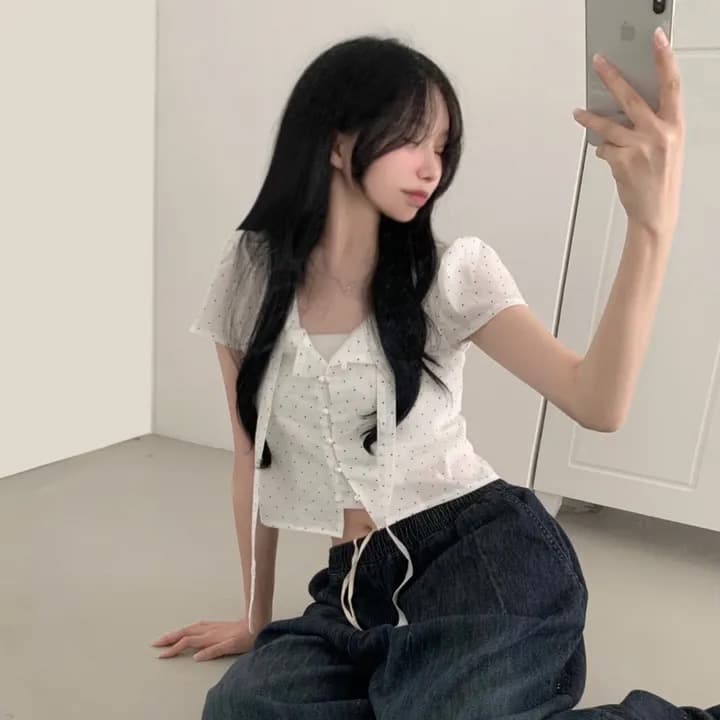 있음 선적 chic 여름 새로운 달콤함 디자인 센스 도트 무늬 리본 셔츠 상세 이미지 5