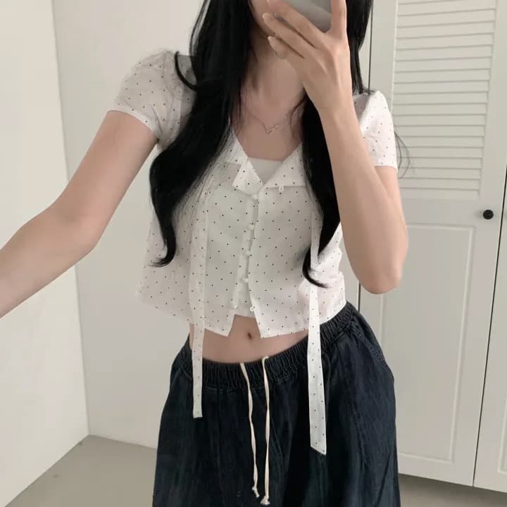 있음 선적 chic 여름 새로운 달콤함 디자인 센스 도트 무늬 리본 셔츠 상세 이미지 6