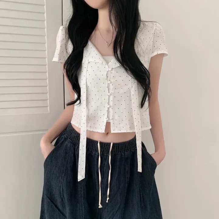 있음 선적 chic 여름 새로운 달콤함 디자인 센스 도트 무늬 리본 셔츠 상세 이미지 7