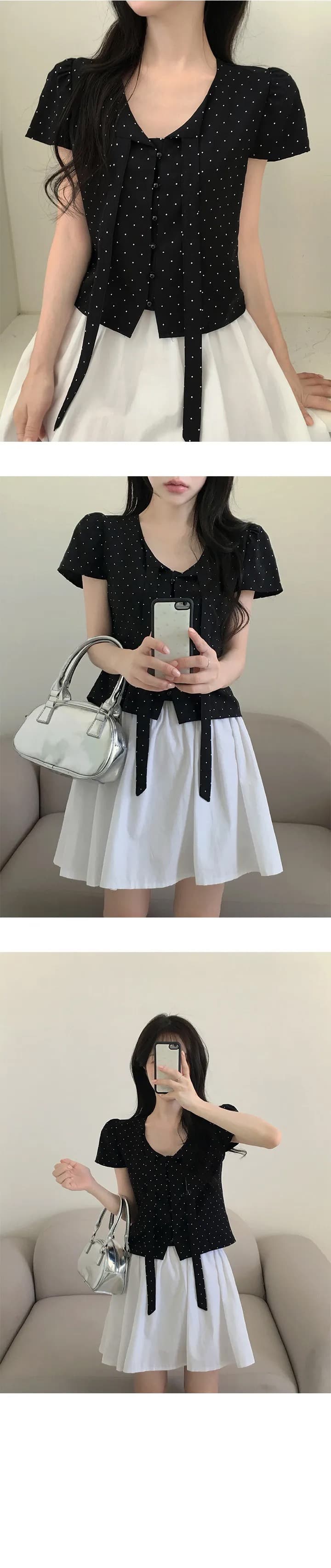 있음 선적 chic 여름 새로운 달콤함 디자인 센스 도트 무늬 리본 셔츠 상세 이미지 11