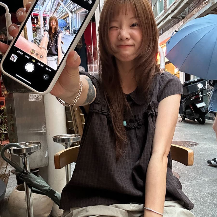 있음 창고 레트로 레이스 베이비 칼라 반팔 맨위 루즈핏 슬림해 보이는 체크무늬 여성 셔츠 상세 이미지 1
