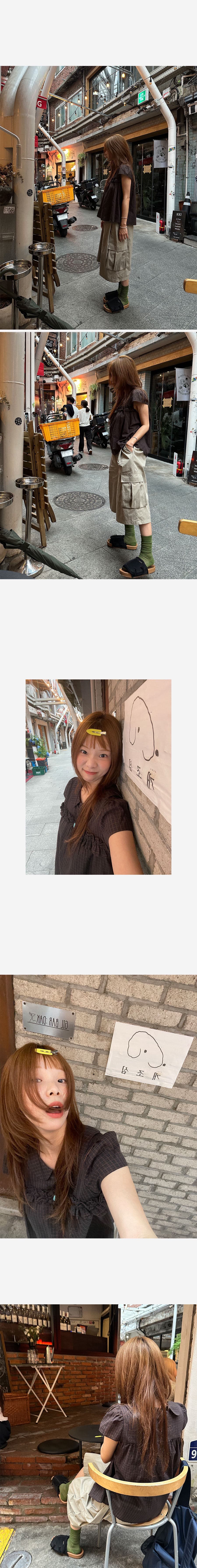 있음 창고 레트로 레이스 베이비 칼라 반팔 맨위 루즈핏 슬림해 보이는 체크무늬 여성 셔츠 상세 이미지 7
