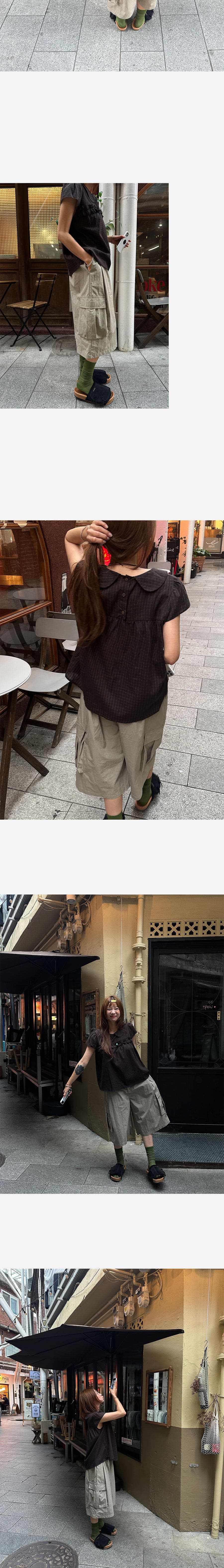 있음 창고 레트로 레이스 베이비 칼라 반팔 맨위 루즈핏 슬림해 보이는 체크무늬 여성 셔츠 상세 이미지 9