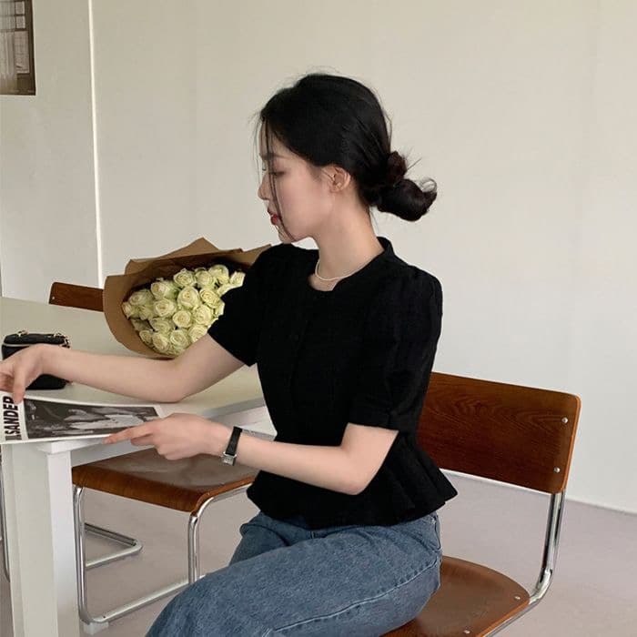 있음 창고 레트로 프랑스식 품격 어둠 곡물 자카드 거품 소매 몸매 가꾸기 슬림해 보이는 프릴 셔츠 상세 이미지 2