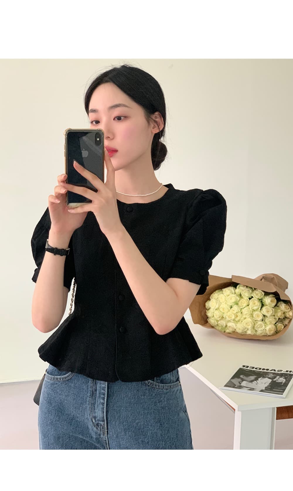 있음 창고 레트로 프랑스식 품격 어둠 곡물 자카드 거품 소매 몸매 가꾸기 슬림해 보이는 프릴 셔츠 상세 이미지 17