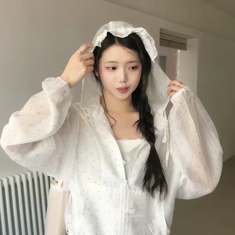 있음 창고 도트 무늬 느슨함 센스 연령 감소 후드 셔츠 레이스 재킷 이미지 2