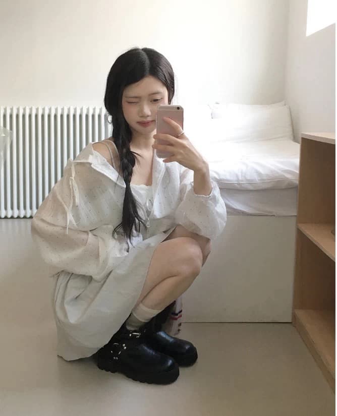 있음 창고 도트 무늬 느슨함 센스 연령 감소 후드 셔츠 레이스 재킷 이미지 4