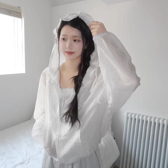 있음 창고 도트 무늬 느슨함 센스 연령 감소 후드 셔츠 레이스 재킷 이미지 3