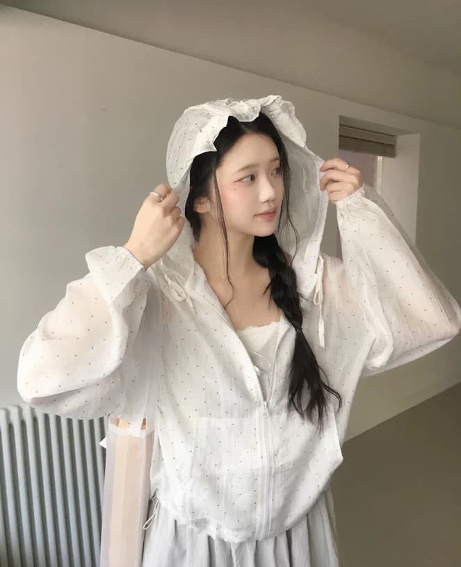 있음 창고 도트 무늬 느슨함 센스 연령 감소 후드 셔츠 레이스 재킷 상세 이미지 1