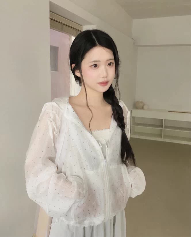 있음 창고 도트 무늬 느슨함 센스 연령 감소 후드 셔츠 레이스 재킷 상세 이미지 3