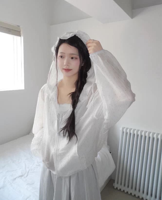 있음 창고 도트 무늬 느슨함 센스 연령 감소 후드 셔츠 레이스 재킷 상세 이미지 4