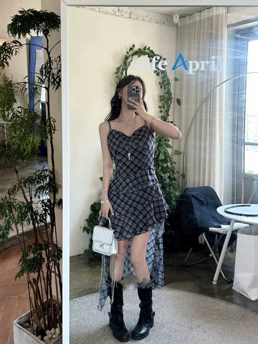 한국 동대문 새로운 체크무늬 불규칙 프릴 슬립 드레스 이미지 3