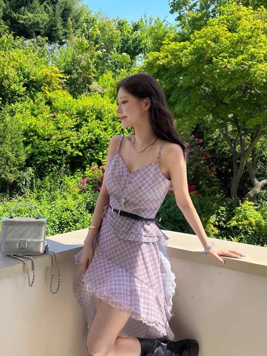 한국 동대문 새로운 체크무늬 불규칙 프릴 슬립 드레스 상세 이미지 1