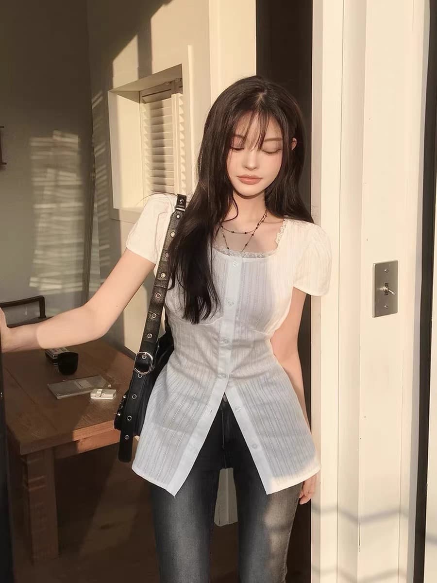 재고 있음 chic 여름 분기 별 칼라 레이스 패치워크 셔츠 레이스업 허리 수축 작은 셔츠 맨위