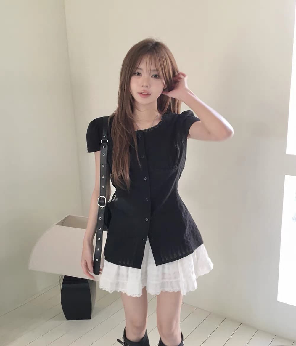 재고 있음 chic 여름 분기 별 칼라 레이스 패치워크 셔츠 레이스업 허리 수축 작은 셔츠 맨위 이미지 2