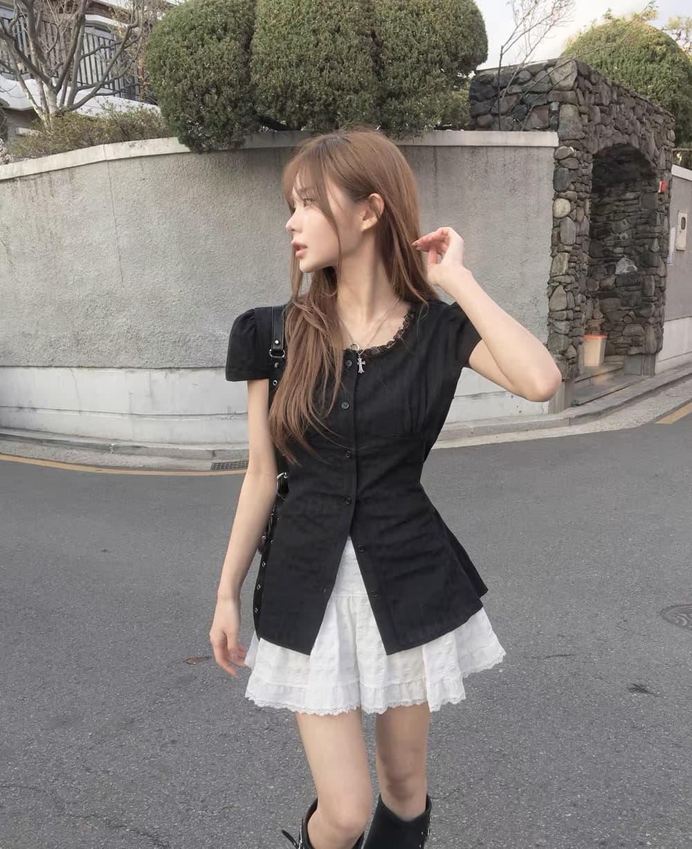 재고 있음 chic 여름 분기 별 칼라 레이스 패치워크 셔츠 레이스업 허리 수축 작은 셔츠 맨위 상세 이미지 1