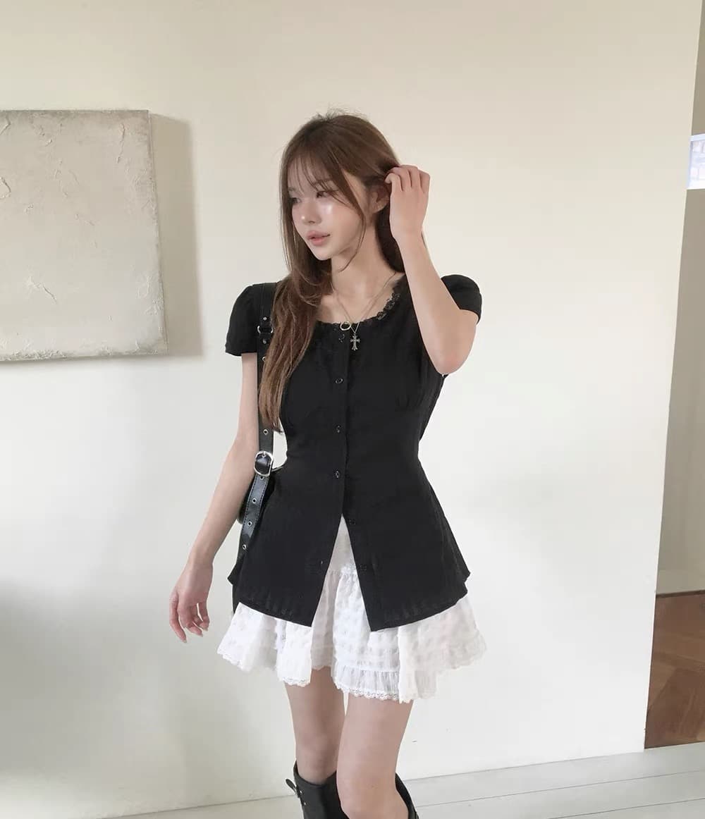 재고 있음 chic 여름 분기 별 칼라 레이스 패치워크 셔츠 레이스업 허리 수축 작은 셔츠 맨위 상세 이미지 3