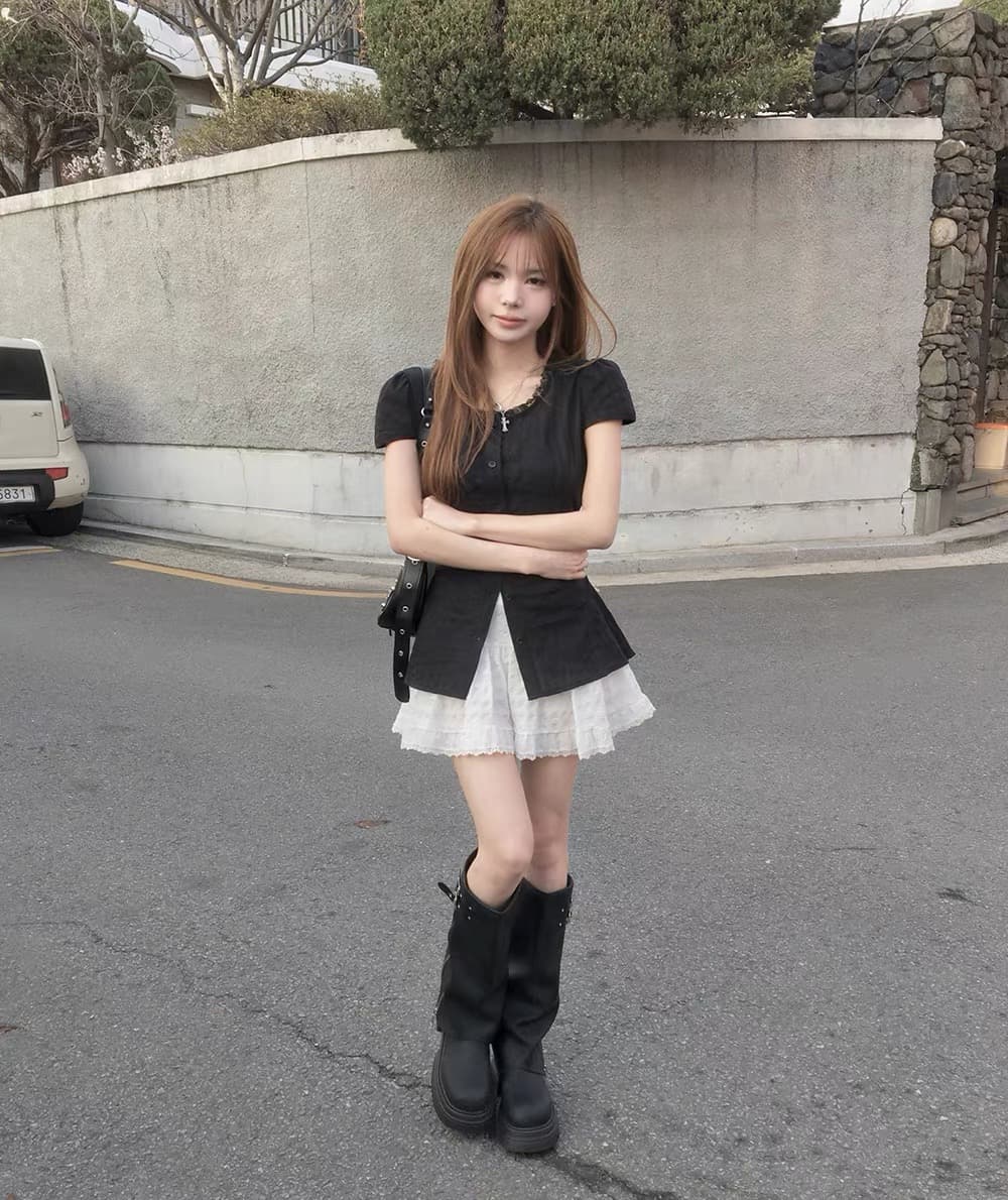 재고 있음 chic 여름 분기 별 칼라 레이스 패치워크 셔츠 레이스업 허리 수축 작은 셔츠 맨위 상세 이미지 5
