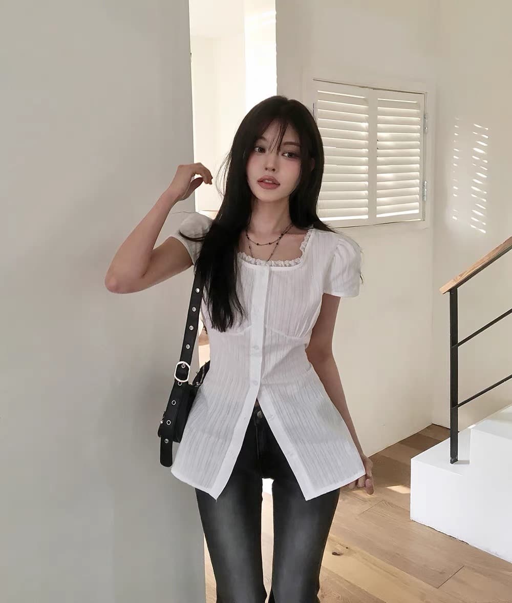 재고 있음 chic 여름 분기 별 칼라 레이스 패치워크 셔츠 레이스업 허리 수축 작은 셔츠 맨위 상세 이미지 9