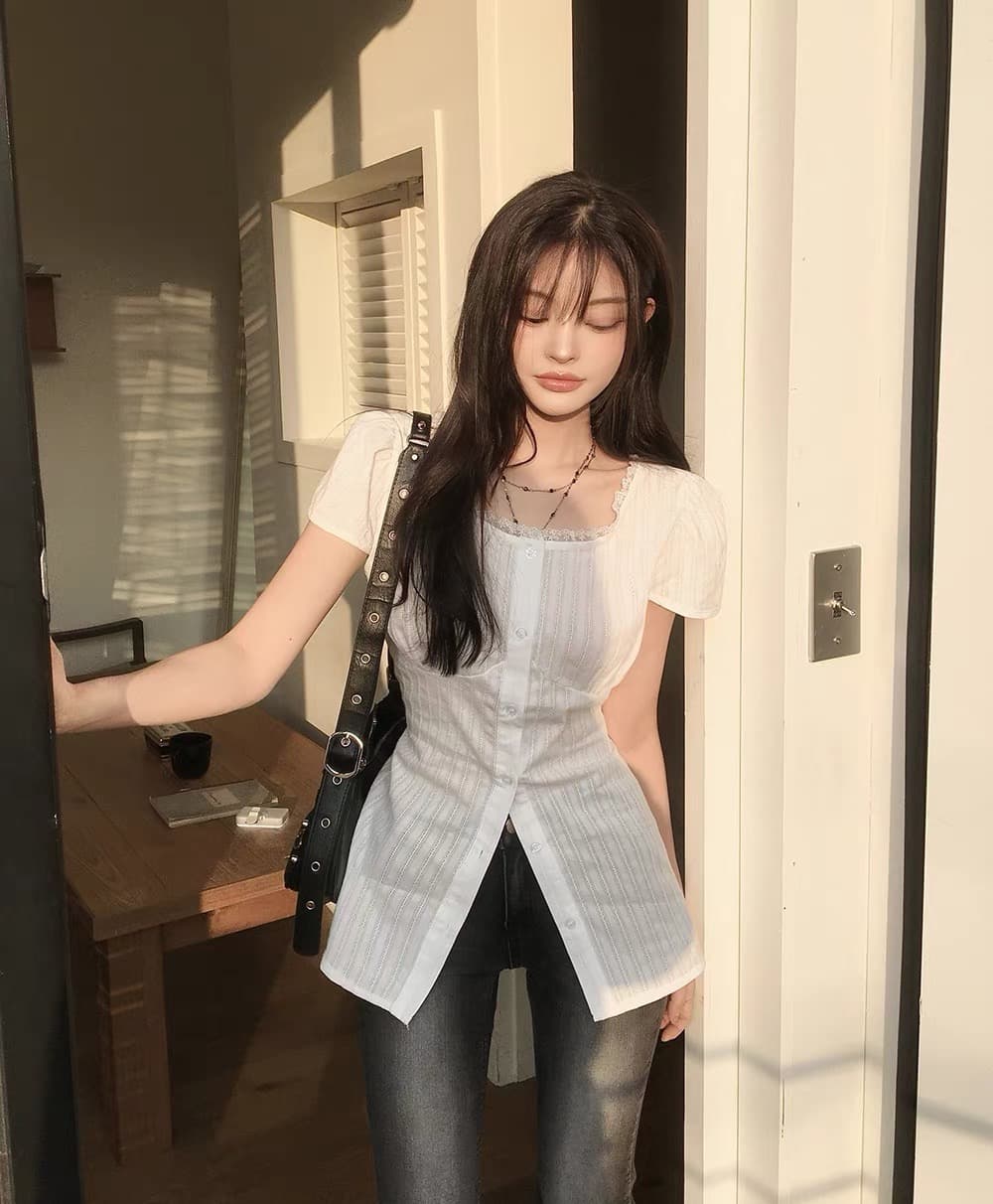 재고 있음 chic 여름 분기 별 칼라 레이스 패치워크 셔츠 레이스업 허리 수축 작은 셔츠 맨위 상세 이미지 11