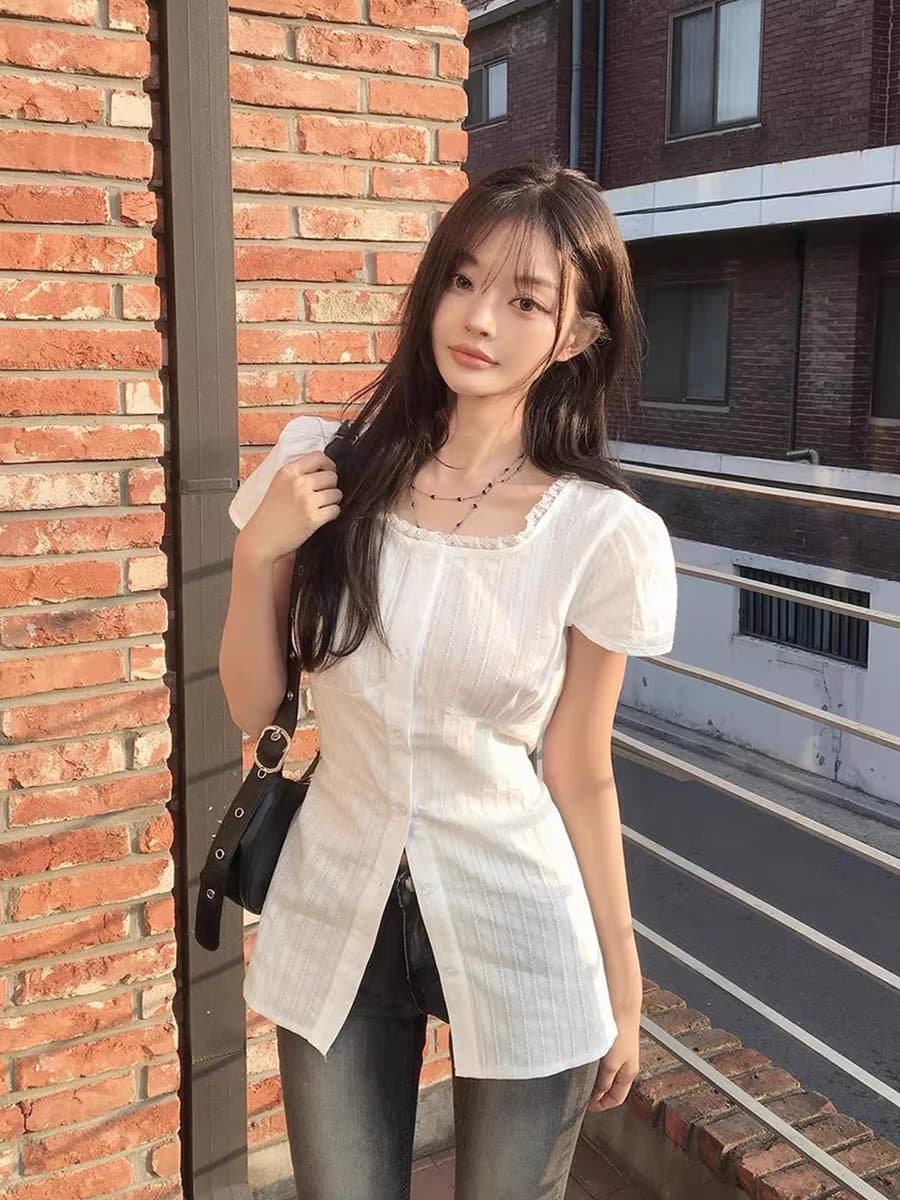 재고 있음 chic 여름 분기 별 칼라 레이스 패치워크 셔츠 레이스업 허리 수축 작은 셔츠 맨위 상세 이미지 12