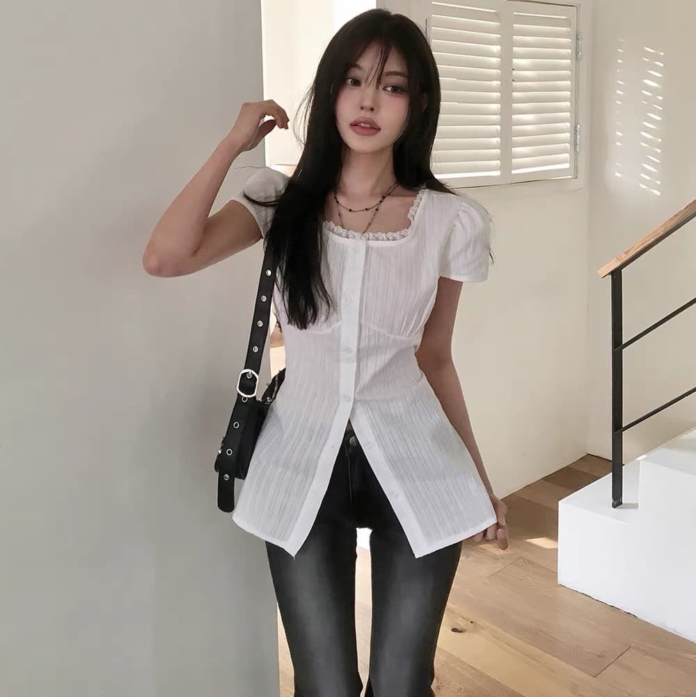 재고 있음 chic 여름 분기 별 칼라 레이스 패치워크 셔츠 레이스업 허리 수축 작은 셔츠 맨위 상세 이미지 18