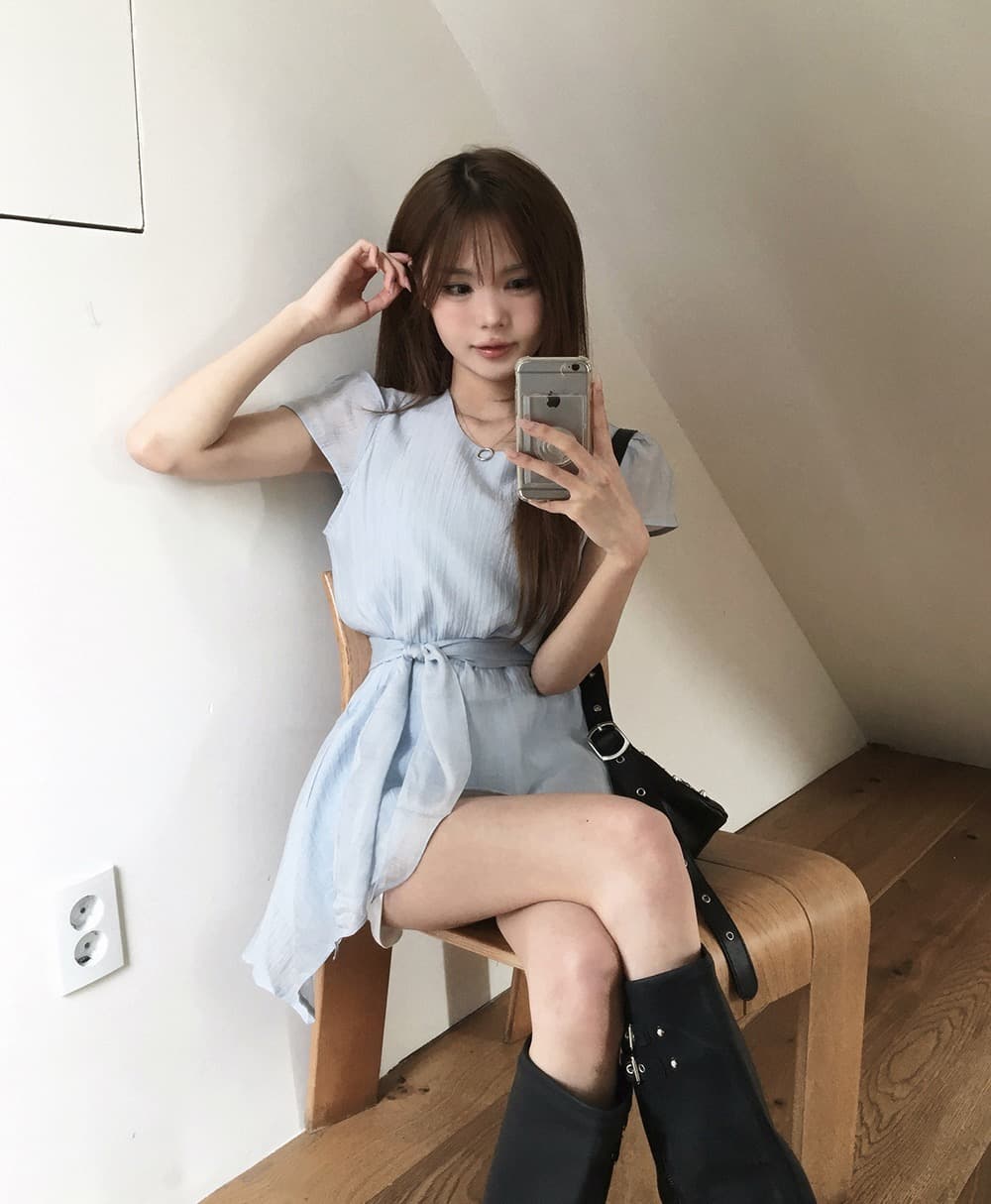 재고 있음 chic 한국 스타일 불규칙 반팔 라운드 넥 셔츠 상세 이미지 9
