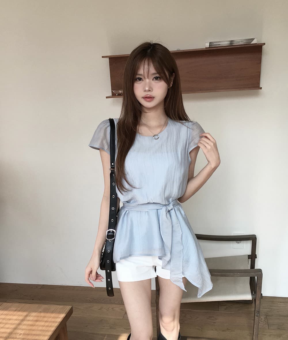 재고 있음 chic 한국 스타일 불규칙 반팔 라운드 넥 셔츠 상세 이미지 10