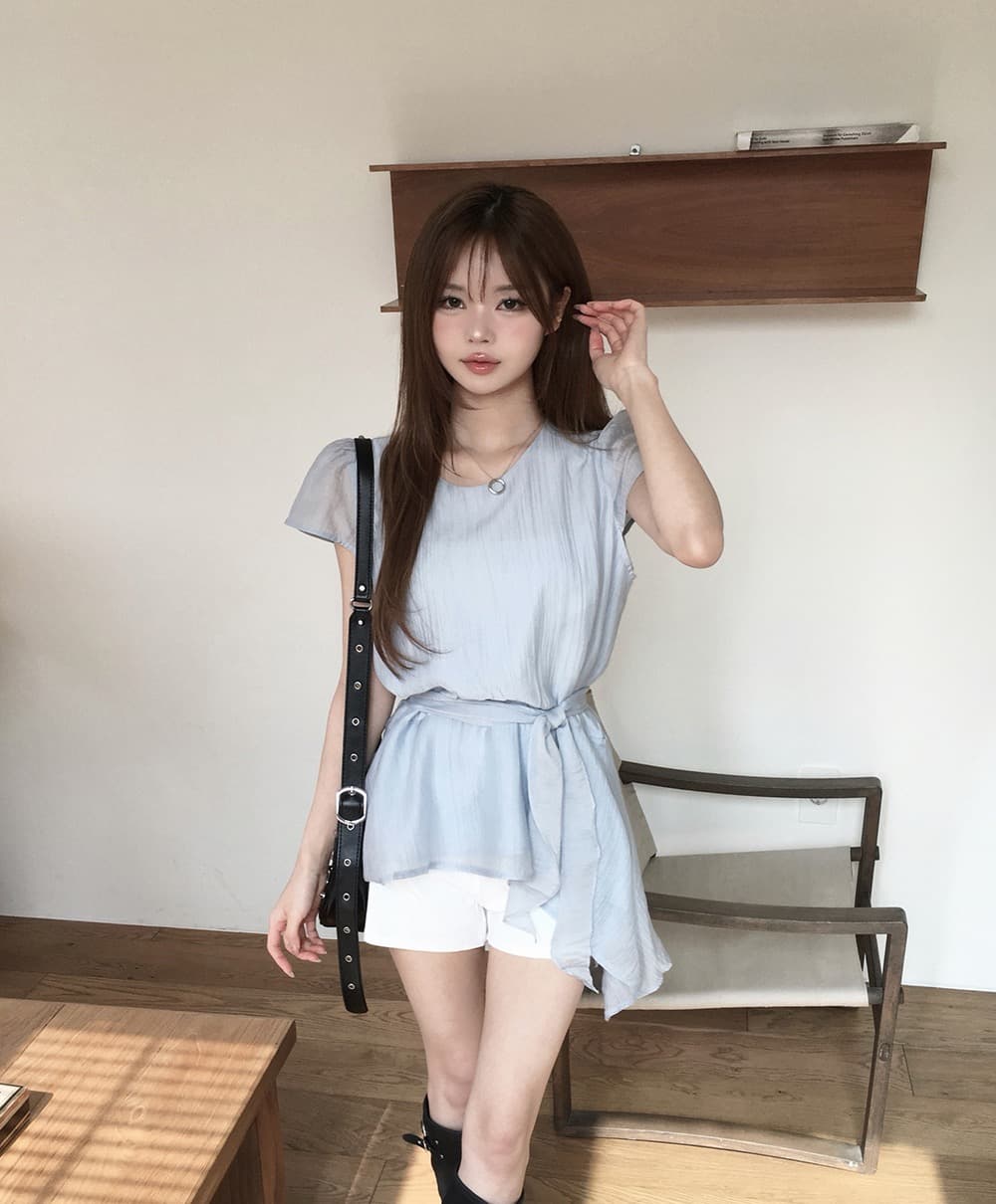 재고 있음 chic 한국 스타일 불규칙 반팔 라운드 넥 셔츠 상세 이미지 11