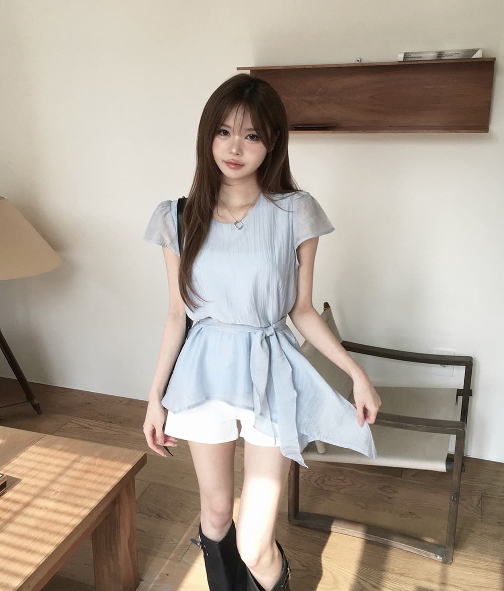 재고 있음 chic 한국 스타일 불규칙 반팔 라운드 넥 셔츠 상세 이미지 12