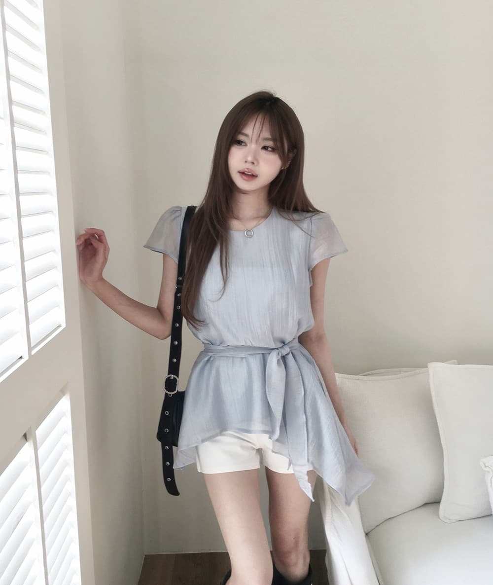 재고 있음 chic 한국 스타일 불규칙 반팔 라운드 넥 셔츠 상세 이미지 14