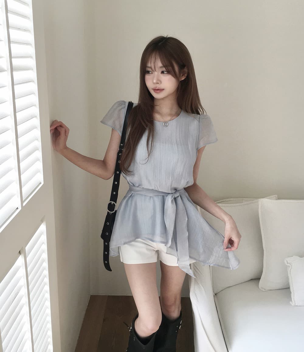 재고 있음 chic 한국 스타일 불규칙 반팔 라운드 넥 셔츠 상세 이미지 15