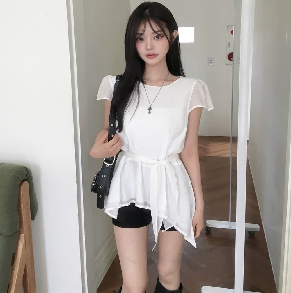 재고 있음 chic 한국 스타일 불규칙 반팔 라운드 넥 셔츠 상세 이미지 28