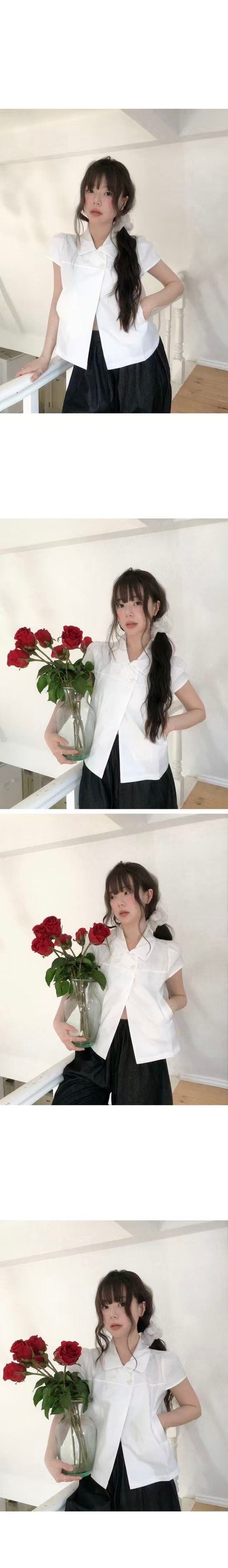 재고 있음 한국 chic 레트로 이중 버튼 베이비 칼라 반팔 셔츠 맨위 여성 상세 이미지 8