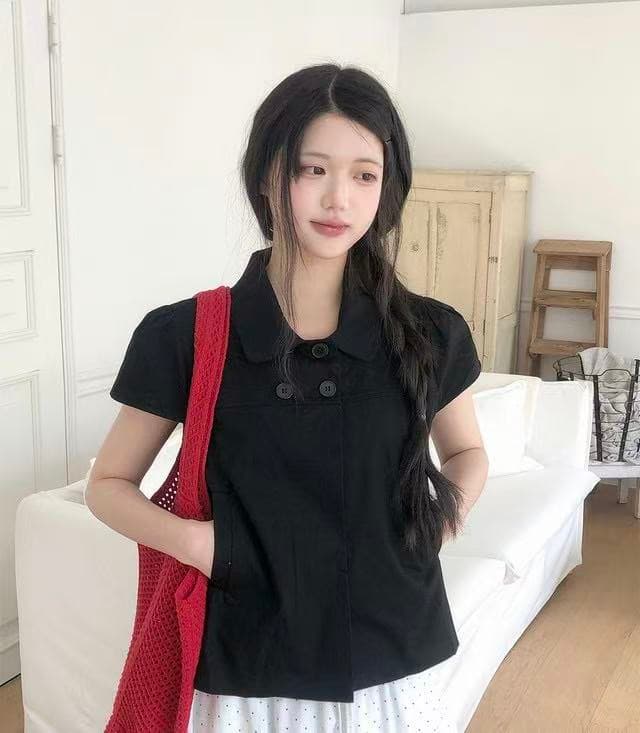 재고 있음 한국 chic 레트로 이중 버튼 베이비 칼라 반팔 셔츠 맨위 여성 상세 이미지 11