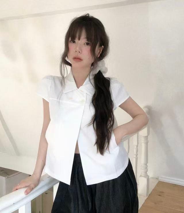 재고 있음 한국 chic 레트로 이중 버튼 베이비 칼라 반팔 셔츠 맨위 여성 상세 이미지 14
