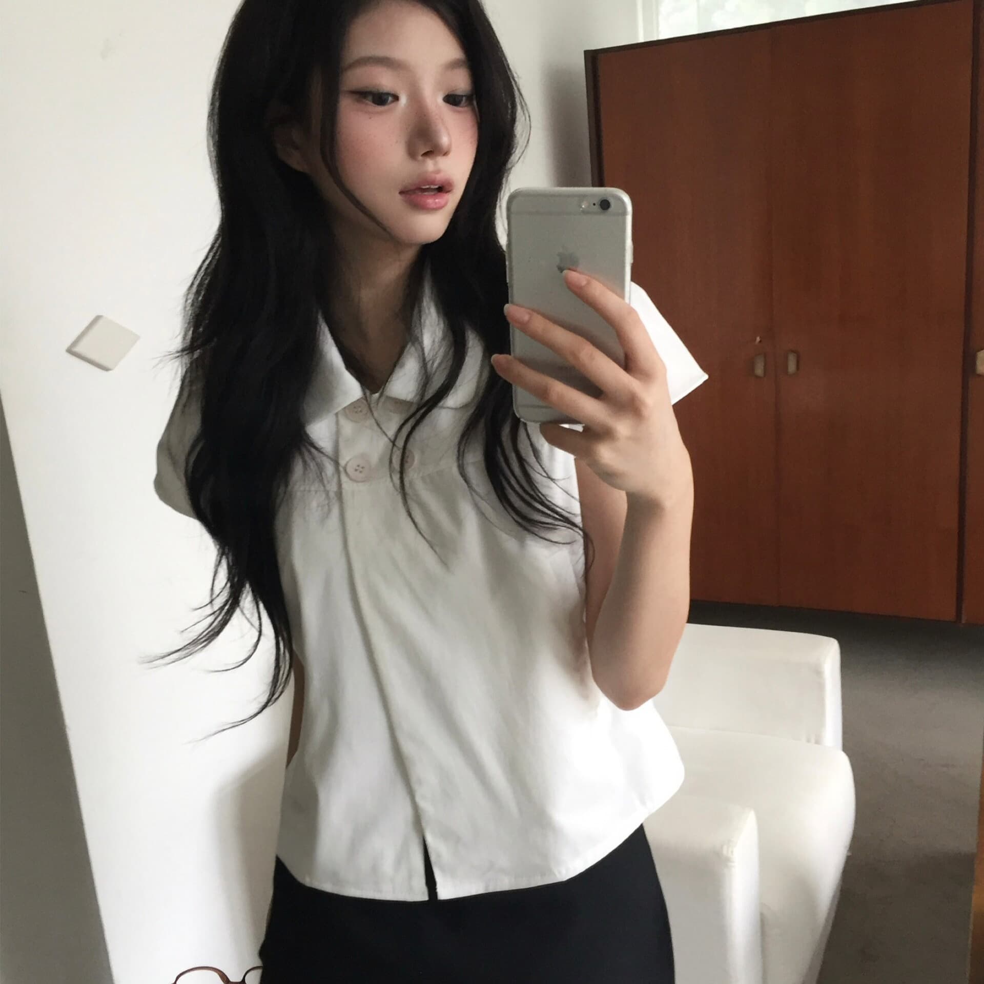 재고 있음 한국 chic 레트로 이중 버튼 베이비 칼라 반팔 셔츠 맨위 여성
