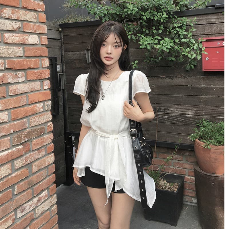 재고 있음 chic 한국 스타일 불규칙 반팔 라운드 넥 셔츠 이미지 3