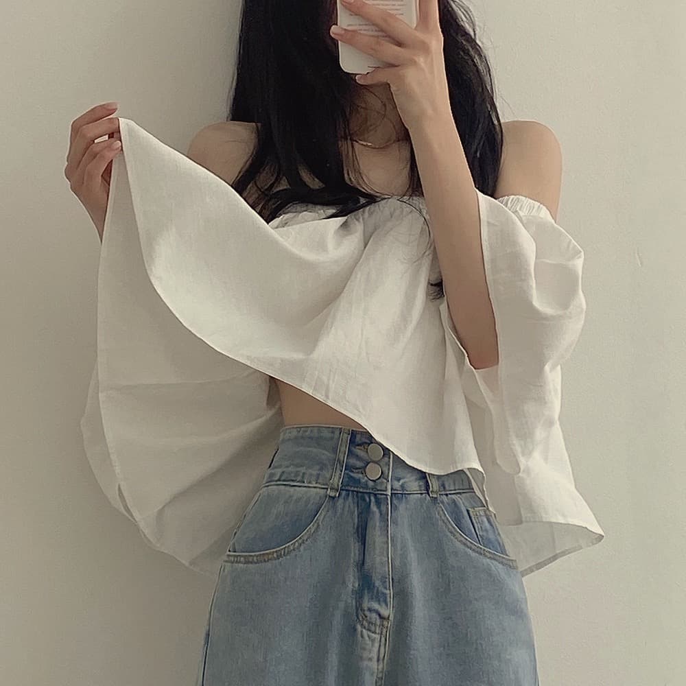 재고 있음 작은 대중 나팔 소매 오프숄더 튜브탑 프랑스식 부드러운 쇼트 스타일 셔츠 여성 이미지 2