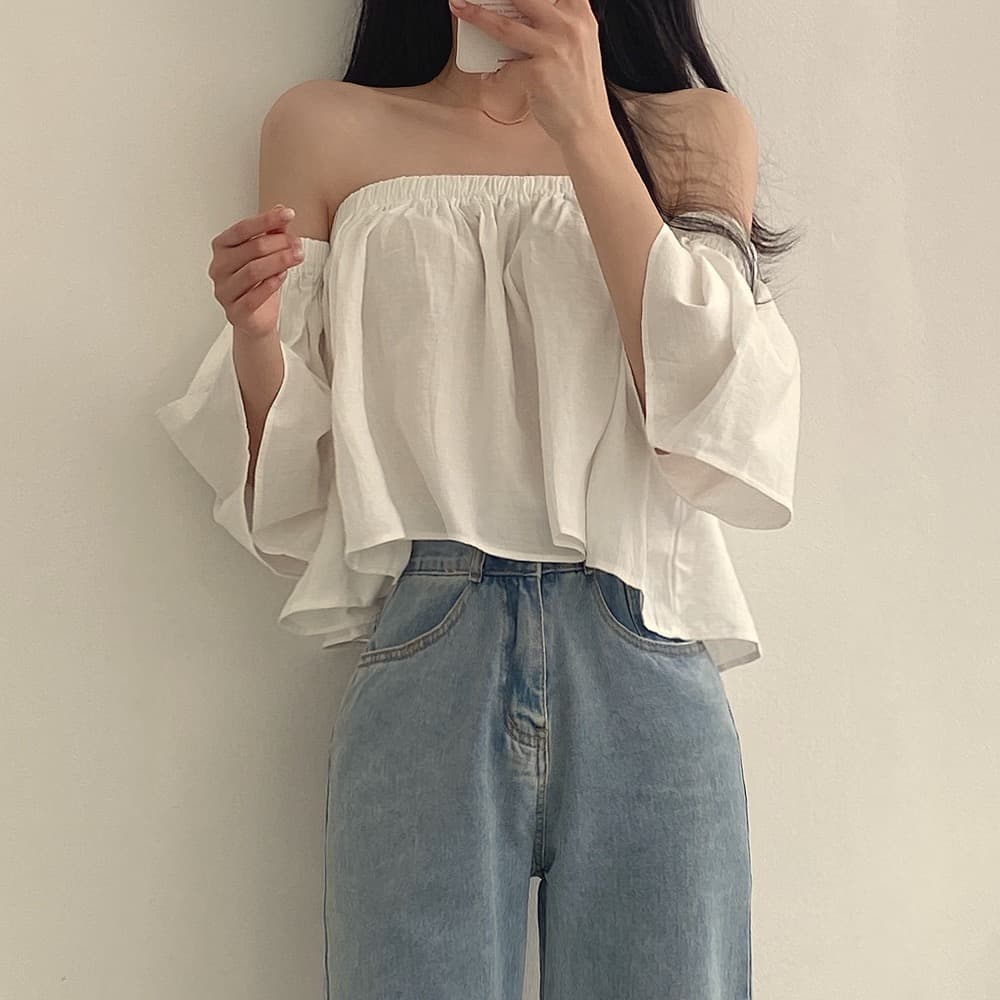 재고 있음 작은 대중 나팔 소매 오프숄더 튜브탑 프랑스식 부드러운 쇼트 스타일 셔츠 여성