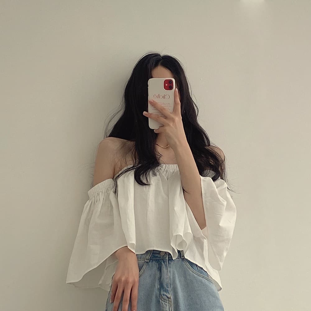 재고 있음 작은 대중 나팔 소매 오프숄더 튜브탑 프랑스식 부드러운 쇼트 스타일 셔츠 여성 이미지 5