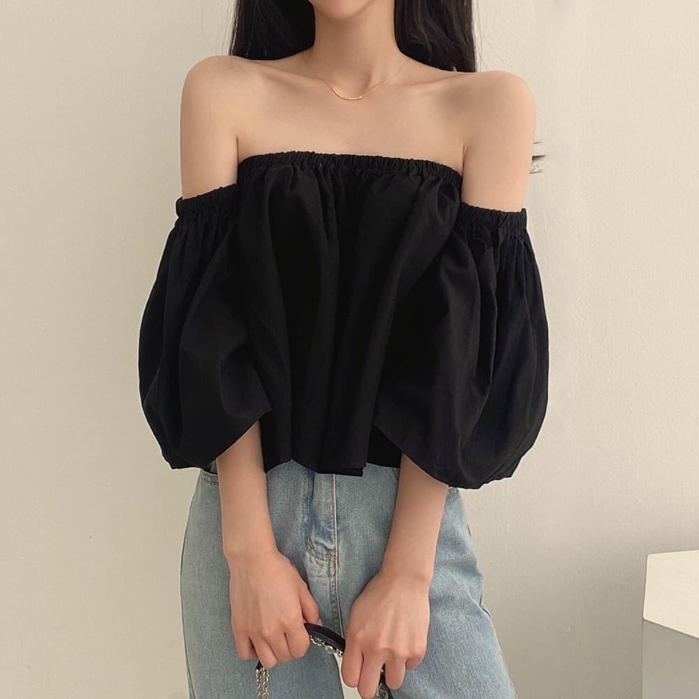 재고 있음 작은 대중 나팔 소매 오프숄더 튜브탑 프랑스식 부드러운 쇼트 스타일 셔츠 여성 상세 이미지 2