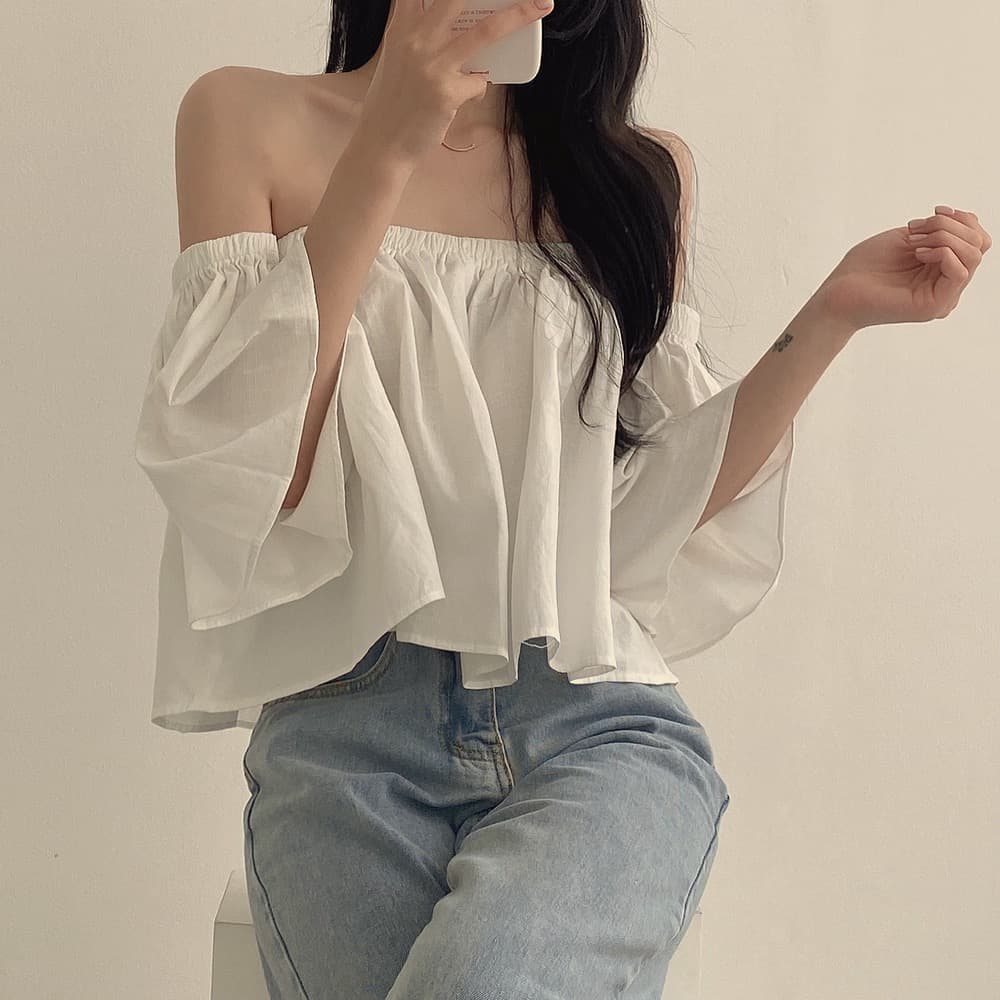 재고 있음 작은 대중 나팔 소매 오프숄더 튜브탑 프랑스식 부드러운 쇼트 스타일 셔츠 여성 상세 이미지 18