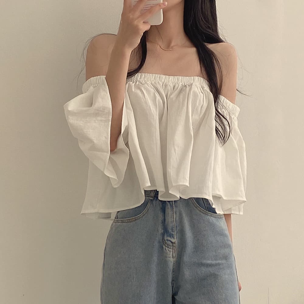 재고 있음 작은 대중 나팔 소매 오프숄더 튜브탑 프랑스식 부드러운 쇼트 스타일 셔츠 여성 상세 이미지 19